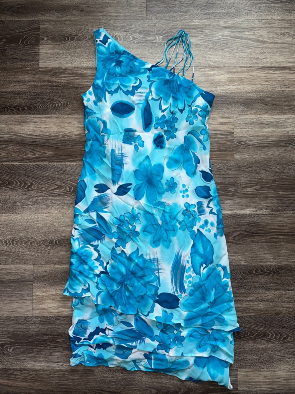 Evan Picone Turquoise Blue Floral One-Shoulder Dress